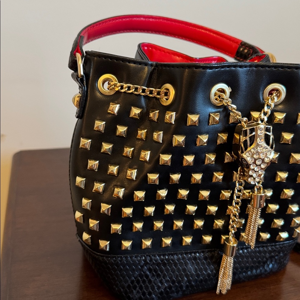 Aldo Black and Gold Snake Studded Bucket Bag with Crossbody Strap - Picture 4 of 12
